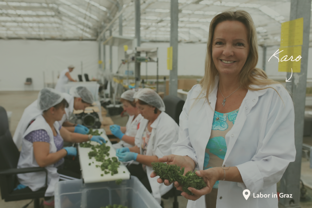 Dieses Bild zeigt einen Einblick in die Produktion von CBD. Eine Mitarbeiterin hält eine Cannabisblüte in Händen während weitere Mitarbeiterinnen im Hintergrund Blüten inspezieren und sortieren.