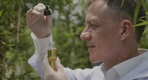 Ein Chemiker inspeziert einen Glasbehälter der CBD-Öl, das mittels überkritisches CO2 Extraktion hergestellt wurde. Das Bild vermittelt den Eindruck von Präzision und Forschungsarbeit im Zusammenhang mit der überkritisches CO2-Extraktion zur Gewinnung von hochwertigem CBD-Öl.